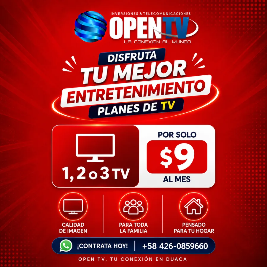 Planes de TV de Open TV: 1, 2 o 3 televisores por solo 9 dólares al mes.